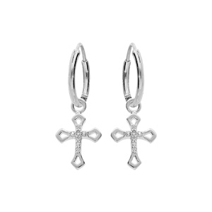 Créoles en argent rhodié 10mm avec pampille croix oxydes blancs sertis