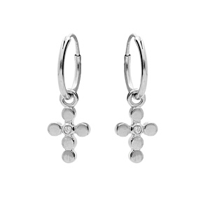 Créoles en argent rhodié avec pampille croix et 1 oxyde blanc serti