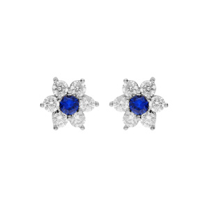 Boucles d’oreille en argent rhodié marguerite oxydes centre bleu foncé et contour blancs sertis et fermoir poussette