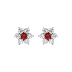 Boucles d’oreille en argent rhodié marguerite oxydes centre rouge et contour blancs sertis et fermoir poussette