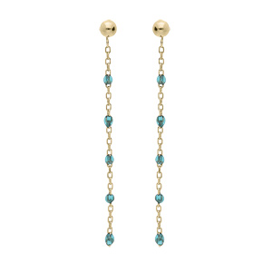 Boucles d’oreille en argent et dorure jaune chaînette avec olives couleur bleu transparent et fermoir poussette