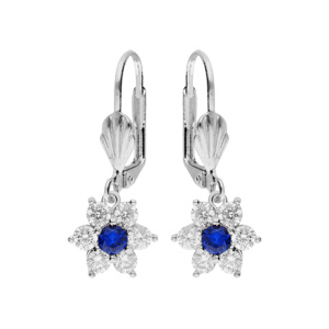 Boucles d’oreille en argent rhodié marguerite oxydes centre bleu foncé et contour blancs sertis fermoir dormeuse