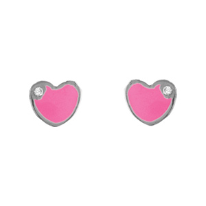 Boucles d’oreilles pour enfant en argent rhodié coeur rose avec petit oxyde blanc et fermoir poussette