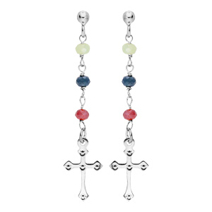 Boucles d’oreilles pendents en argent rhodié avec boules en verre facetées et pampilles croix fermoir poussette