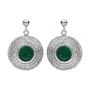 Boucles d'oreille en argent rhodié ethnique ronde avec pierre verte et fermoir poussette