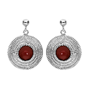 Boucles d’oreille en argent rhodié ethnique ronde avec pierre rouge et fermoir poussette