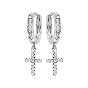 Créoles en argent rhodié avec pampille Croix et oxydes blancs