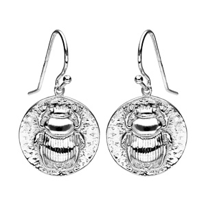 Boucles d'oreille pendantes en argent rhodié ethnique ronde avec motif scarabée et fermoir crochet