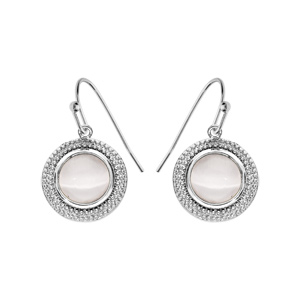 Boucles d’oreille pendantes en argent rhodié ethnique ronde avec Nacre blanche véritable et fermoir crochet