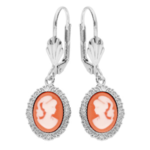 Boucles d’oreille en argent rhodié Camée rose et fermoir dormeuse