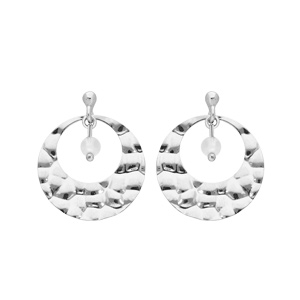 Boucles d'oreille en argent rhodié style créoles martelée avec Pierre de Lune véritable et fermoir p