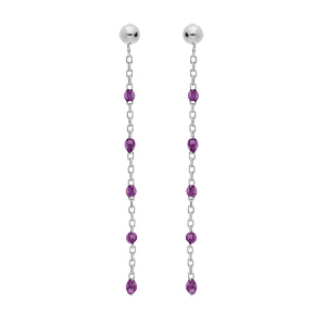 Boucles d’oreille en argent rhodié chaînette avec olives couleur violet transparent et fermoir poussette