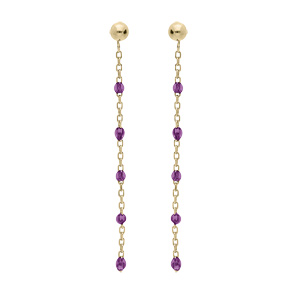 Boucles d’oreille en argent et dorure jaune chaînette avec olives couleur violet transparent et fermoir poussette