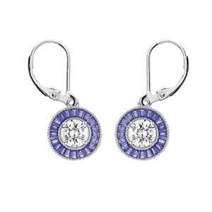 Boucles d’oreille en argent rhodié rond suspendu avec oxyde blanc et contour oxydes rectangulaires bleus et fermoir dormeuse