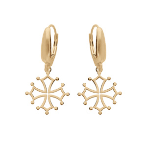 Boucles d'oreille en argent et doré jaune croix Occitane et fermoir dormeuse