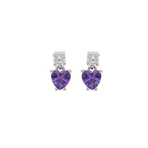 Boucles d’oreille en argent rhodié oxydes blanc et oxyde violet suspendu forme coeur et fermoir poussette