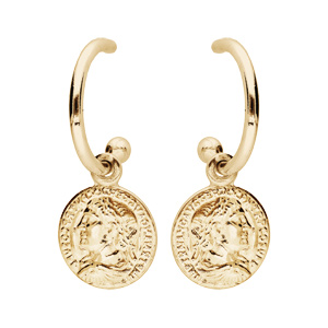 Boucles d'oreille en argent rhodié et dorure jaune ethnique anneau avec pampille pièce romaine et fe