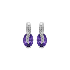 Boucles d’oreille en argent rhodié oxydes violet oval sur ruban d’oxydes blancs sertis et fermoir poussette