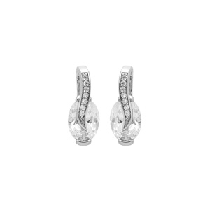 Boucles d’oreille en argent rhodié oxydes blanc oval sur ruban d’oxydes blancs sertis et fermoir poussette