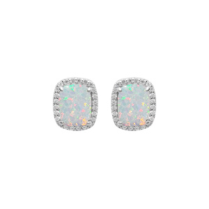 Boucles d’oreille en argent rhodié carré avec Opale blanche de synthèse et oxydes blancs sertis avec fermoir poussette