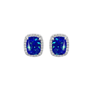 Boucles d’oreille en argent rhodié Opale bleu foncé de synthèse carré et oxydes blancs sertis fermoir poussette