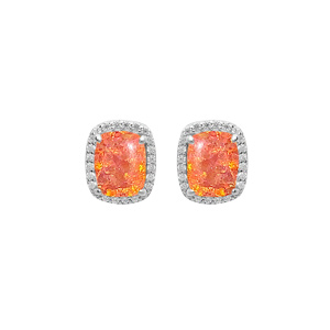 Boucles d’oreille en argent rhodié Opale orange de synthèse carré et oxydes blancs sertis fermoir poussette