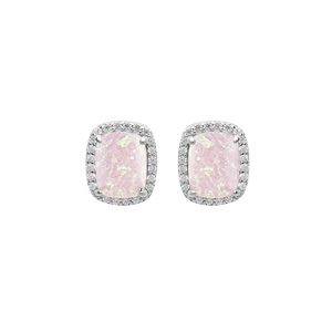 Boucles d’oreille en argent rhodié Opale rose poudré de synthèse carré et oxydes blancs sertis fermoir poussette