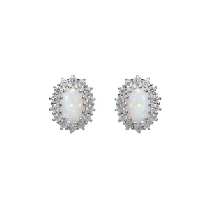 Boucles d'oreille en argent rhodié Opale blanche de synthèse contour perlé avec oxydes blancs sertis