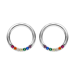 Boucles d’oreille en argent rhodié anneau avec pierres multi couleurs et fermoir poussette