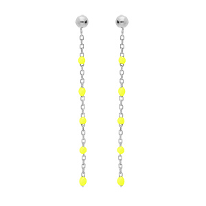 Boucles d’oreille en argent rhodié chaînette avec olives couleur jaune fluo et fermoir poussette