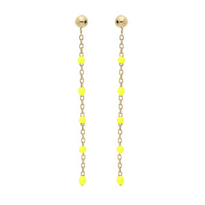 Boucles d’oreille en argent et dorure chaînette avec olives couleur jaune fluo et fermoir poussette
