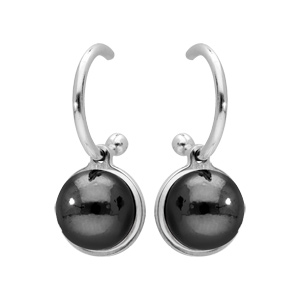 Créoles en argent rhodié anneau avec perle noire de Swarovski suspendue et fermoir poussette