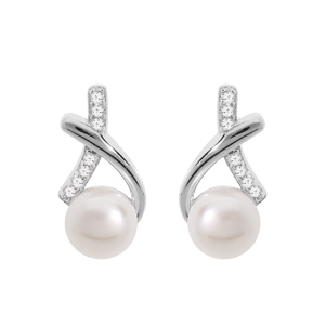 Boucles d’oreille en argent rhodié perle de culture d’eau douce blanche et oxydes blancs sertis et fermoir poussette