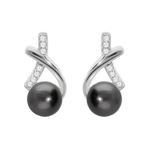 Boucles d'oreille en argent rhodié Perle de culture de Tahiti véritable avec ruban et oxydes blancs 