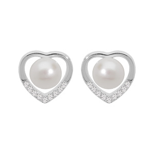 Boucles d’oreille en argent rhodié coeur avec perle de culture d’eau douce blanche et oxydes blancs sertis et fermoir poussette