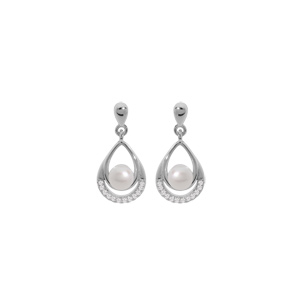 Boucles d’oreille en argent rhodié perle de culture d’eau douce blanche suspendue dans goutte et oxydes blancs sertis et fermoir poussette