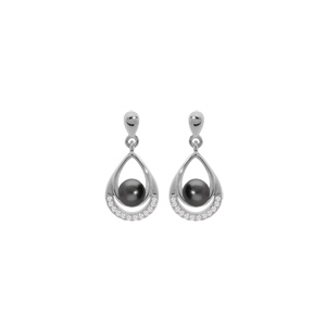 Boucles d'oreille en argent rhodié goutte suspendue avec Perle de culture de Tahiti véritable et oxy