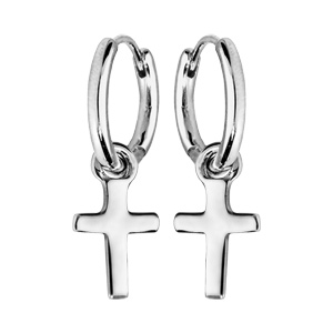 Créoles en argent rhodié avec pampille croix