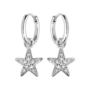 Créoles en argent rhodié avec pampille étoile pavée d'oxydes blancs