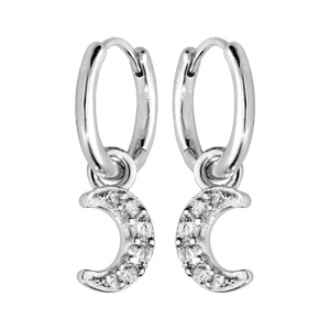 Créoles en argent rhodié articulée avec pampille lune pavée d'oxydes blancs