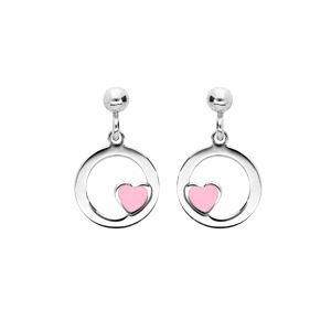 Boucles d’oreille pendantes en argent rhodié anneau suspendu avec coeur rose et fermoir poussette