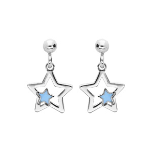Boucles d’oreille pendantes en argent rhodié étoile suspendue avec étoile bleue et fermoir poussette