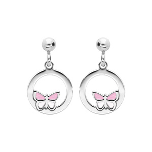 Boucles d’oreille pendantes en argent rhodié anneau suspendu avec papillon rose et fermoir poussette