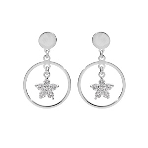 Boucles d’oreille en argent rhodié anneau suspendu avec étoile d’oxydes blancs et fermoir poussette