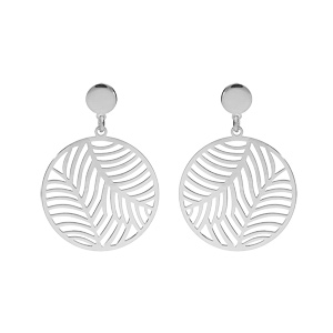 Boucles d’oreille en argent rhodié anneau suspendu ajourée 15mm motif feuillage stylisé et fermoir poussette