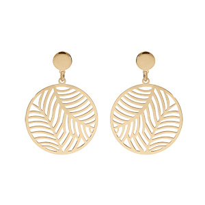Boucles d’oreille en argent et dorure jaune anneau suspendu ajourée 15mm motif feuillage stylisé et fermoir poussette