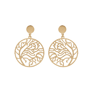 Boucles d’oreille en argent et dorure jaune anneau suspendu ajourée 23mm motif végétal et fermoir poussette