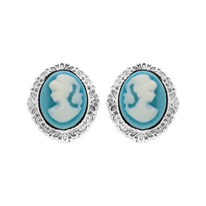 Boucles d'oreille en argent rhodié Camée sur fond bleu et fermoir poussette
