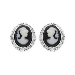 boucles d'oreille en argent rhodié camée sur fond noir et fermoir poussette