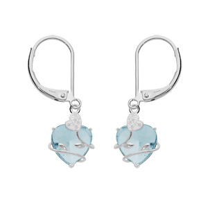 Boucles d’oreille en argent platiné avec coeur oxyde bleu ciel suspendu motif volute et fermoir dormeuse